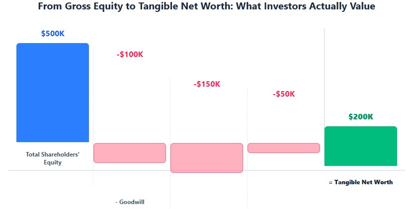 Waterfall chart reducing $500K equity by intangibles to show $200K tangible net worth for liquidation analysis