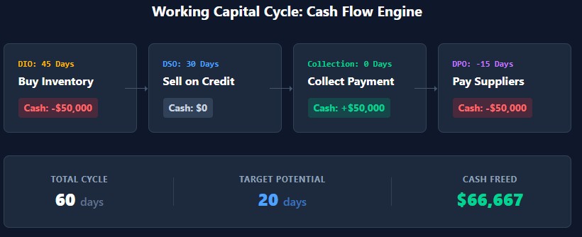 Working capital cycle: 45 days inventory + 30 days collection - 15 days payment = 60 days cycle
