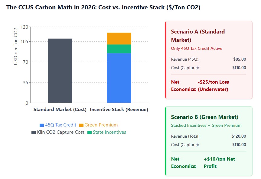 Diagram analyzing carbon capture costs per ton of CO2 versus Section 45Q tax credits and green cement premiums