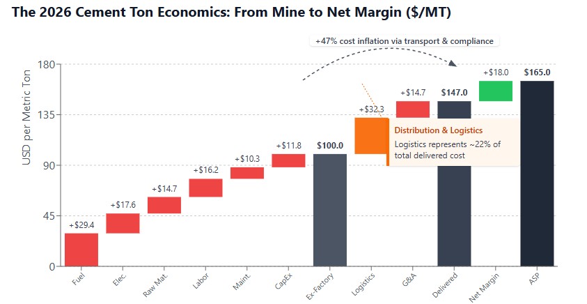 Waterfall chart showing 2026 cement production and logistics cost breakdown per ton leading to 11 percent net profit margin