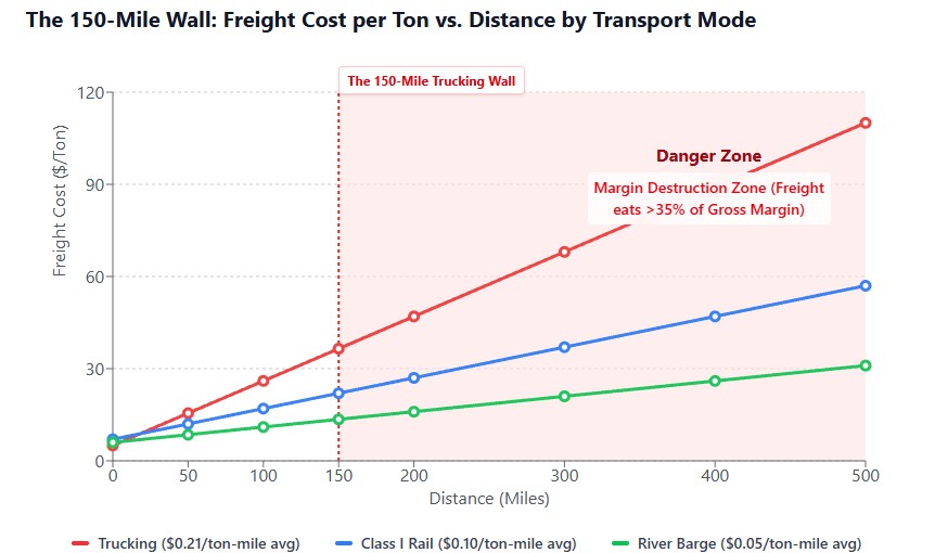 Chart comparing cement shipping costs per ton over distance between trucking, rail, and river barge highlighting the 150-mile limit
